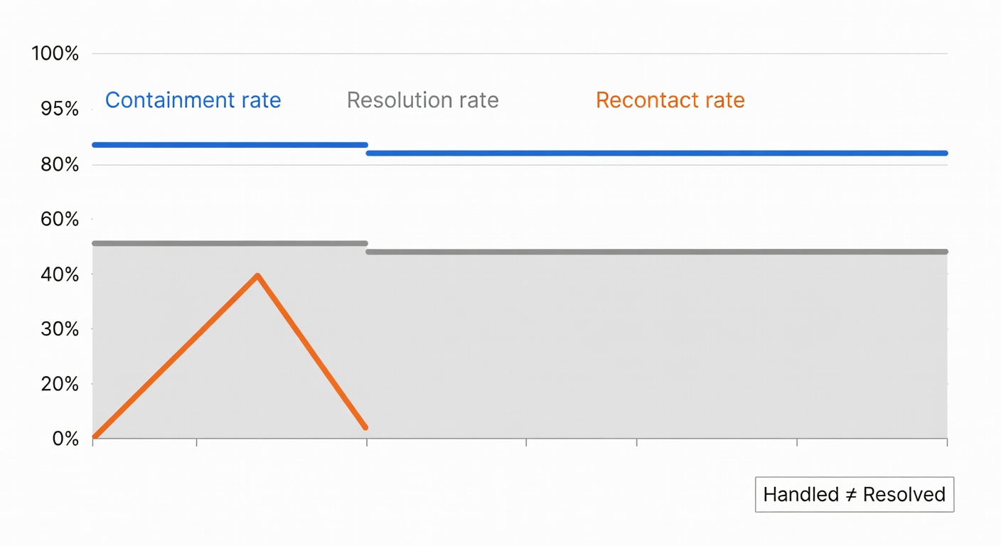 A simple chart contrasting high AI containment with lower true resolution, alongside a rising recontact rate when containment is pushed too hard