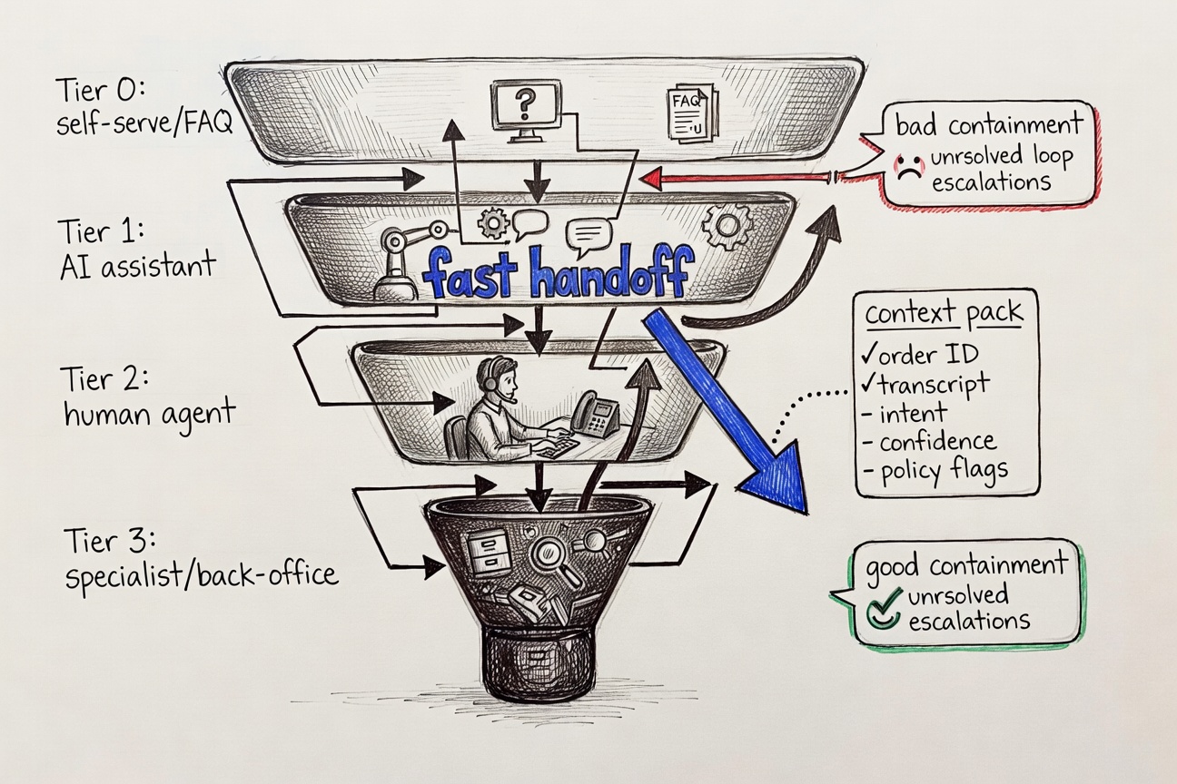A sketched tiered support funnel showing how queries move from self-serve to AI to human agents and specialists, with a highlighted context-rich handoff