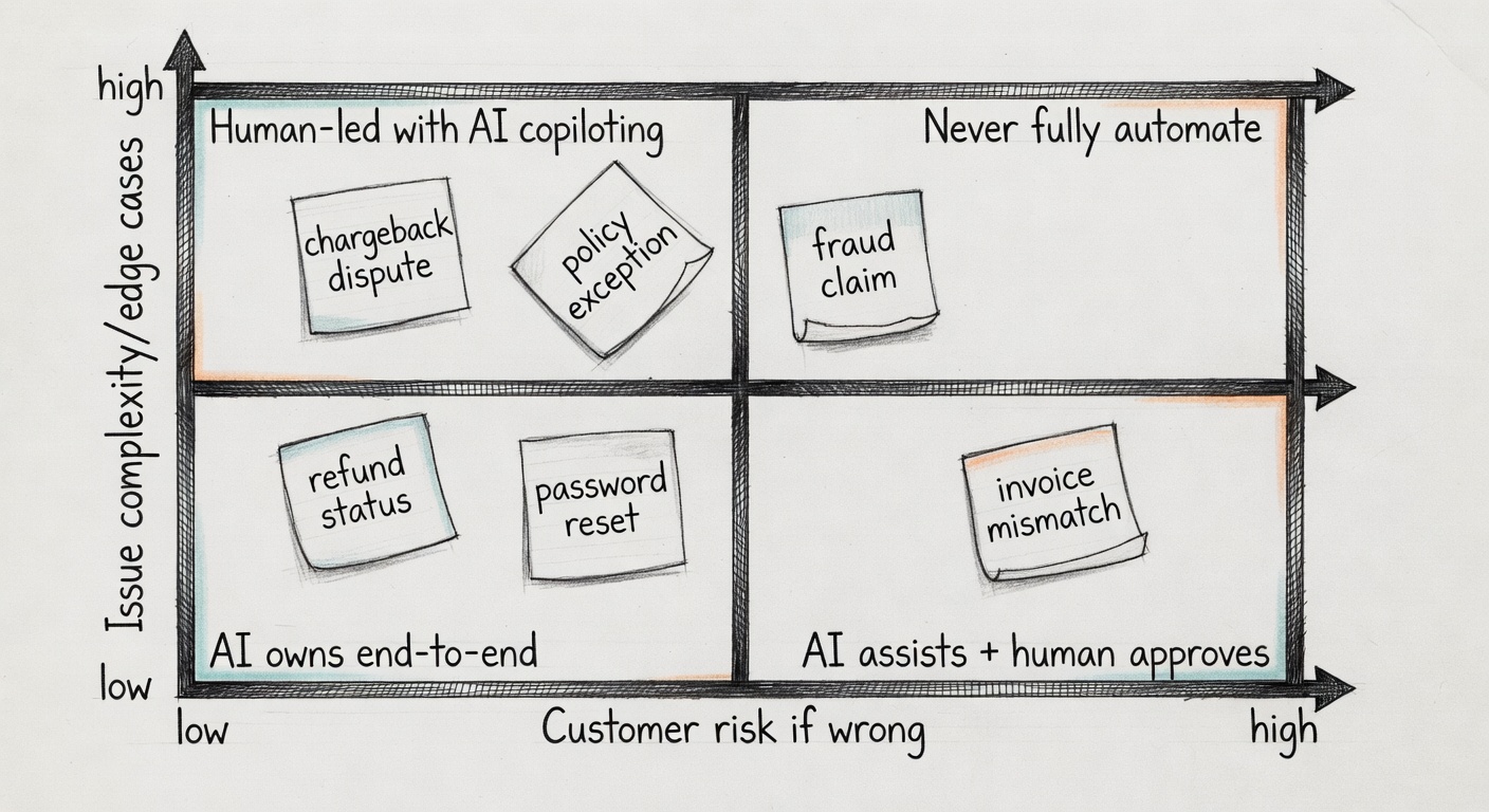 A sketched 2x2 matrix mapping support tasks by risk and complexity, showing which should be AI-owned, AI-assisted, or human-led