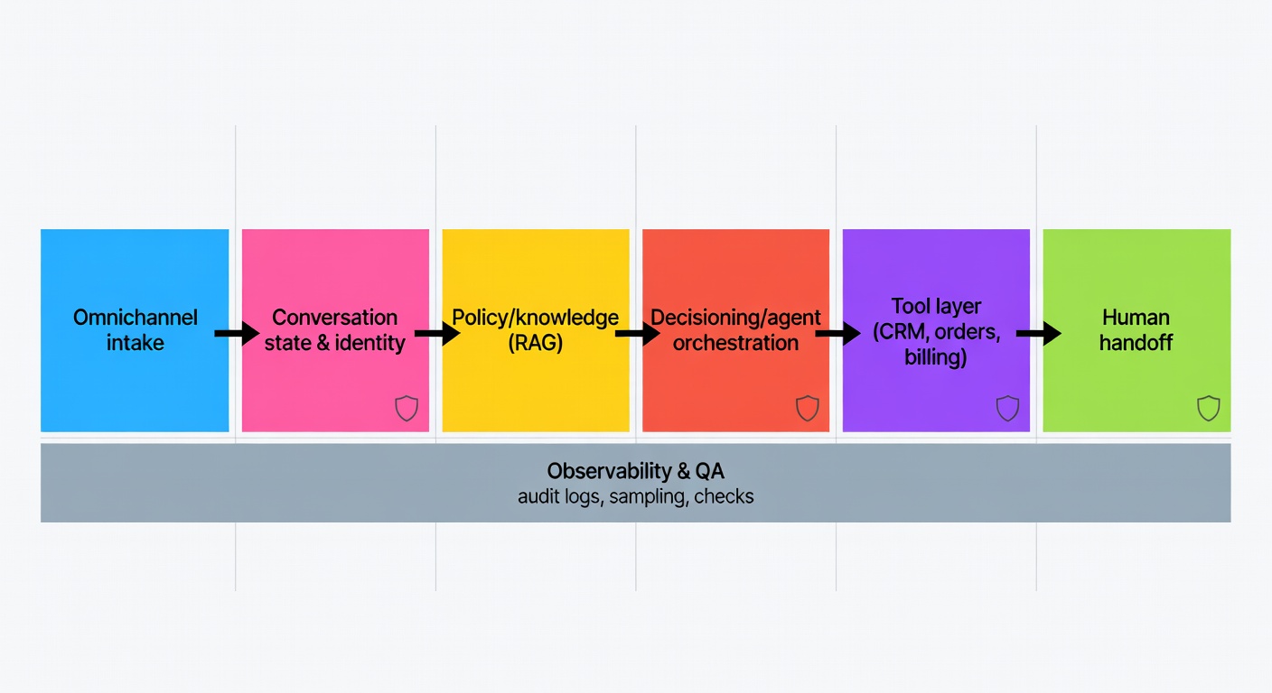 A block diagram of the AI-first support architecture from intake through identity, RAG, agent orchestration, tools, and human handoff, with observability underneath
