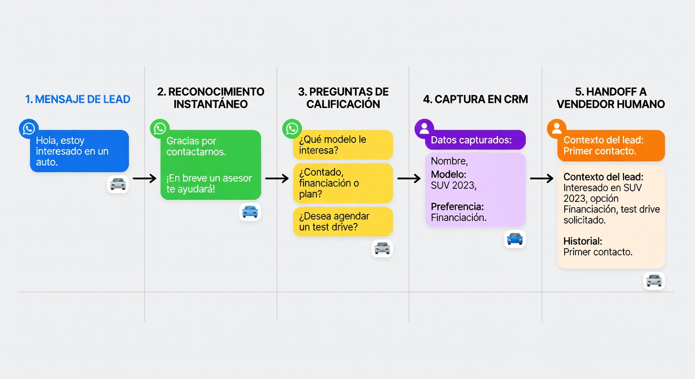 Un diagrama simple del flujo que sí hace sentido: entra consulta, se confirma, se pregunta lo justo, se guarda contexto y recién ahí toma la posta una persona.