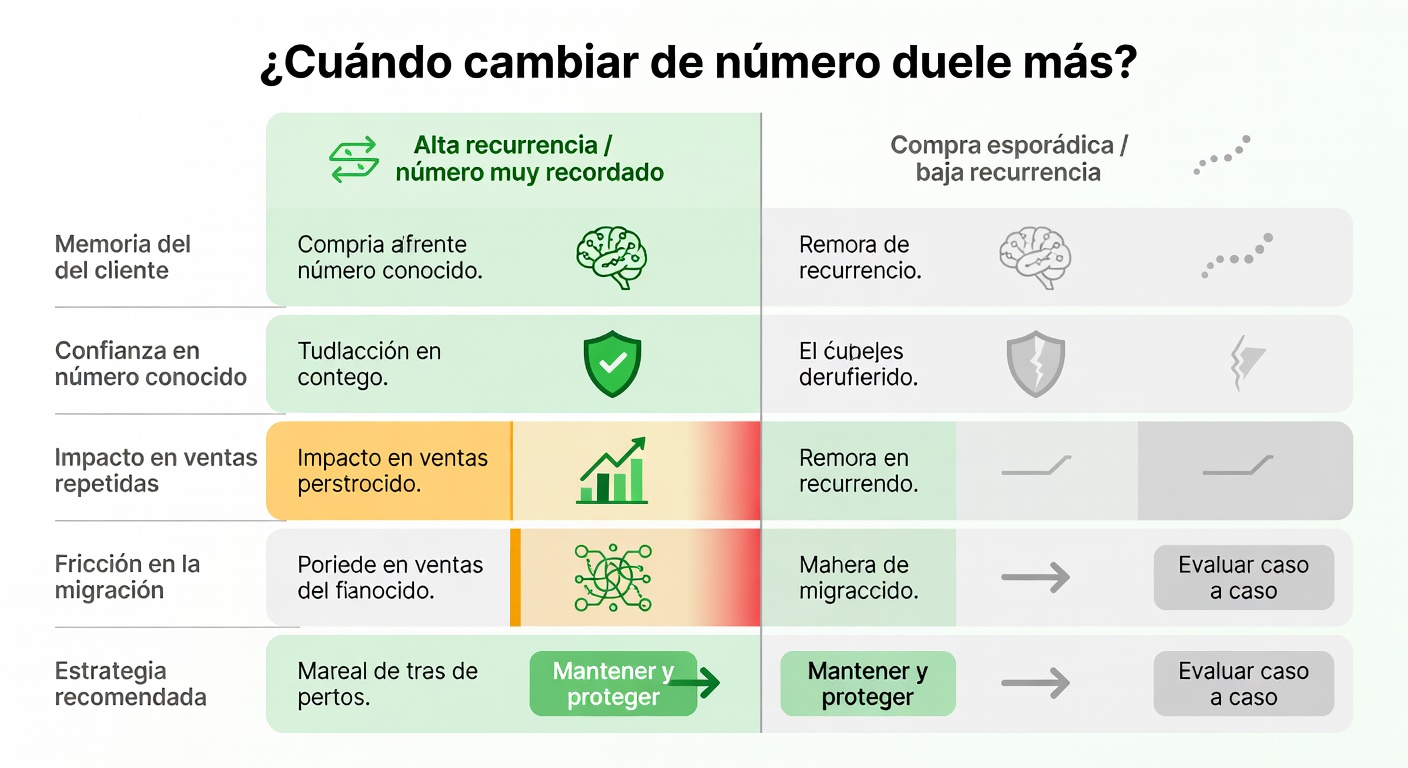 Una comparación visual entre negocios donde el número ya forma parte del hábito del cliente y otros donde la compra es esporádica. Ayuda a ver en qué casos migrar pega fuerte y en cuáles casi no se siente.