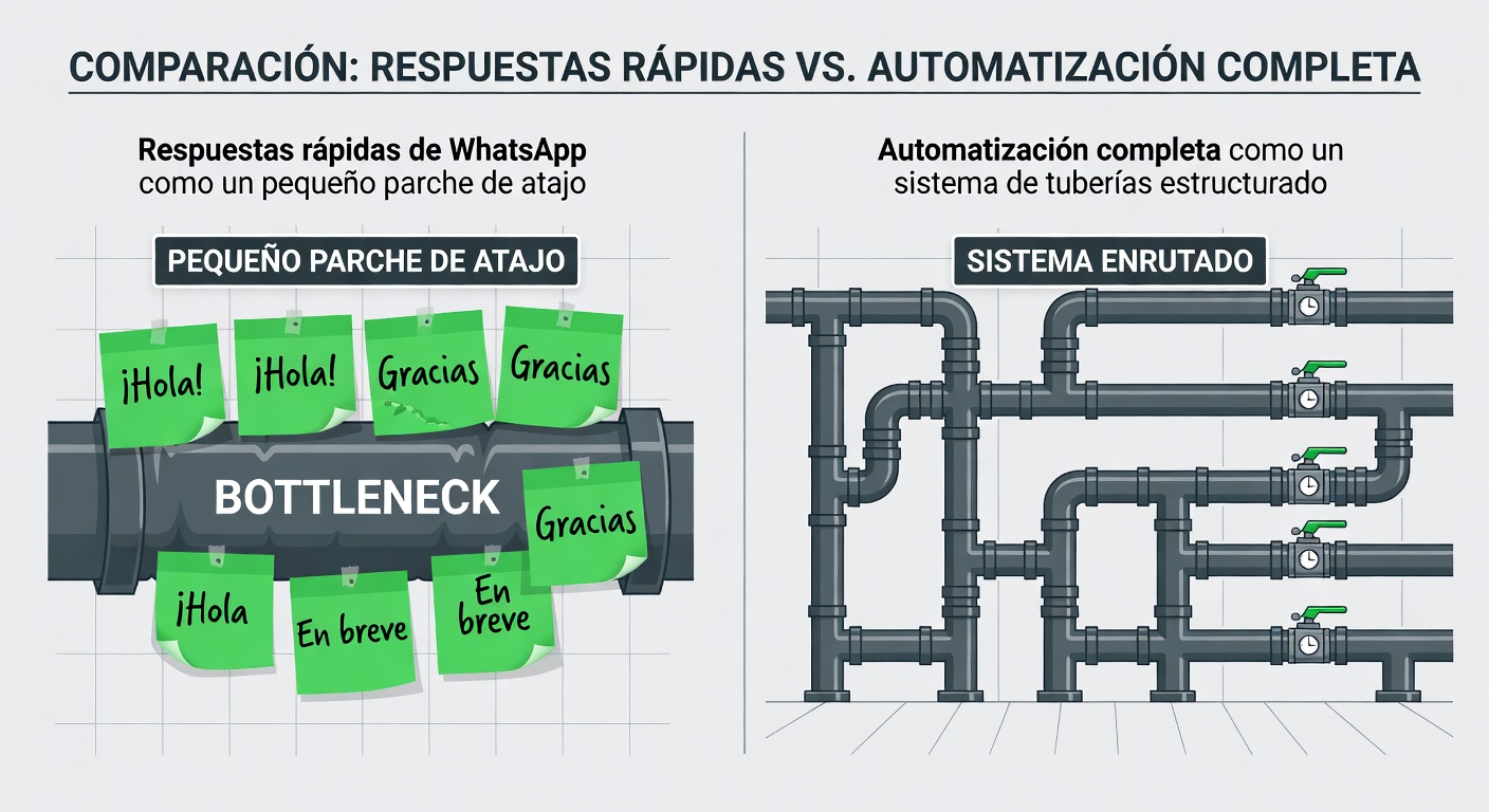 Una metáfora de cañerías donde las respuestas rápidas son apenas un parche y la automatización real ya ordena el flujo completo.