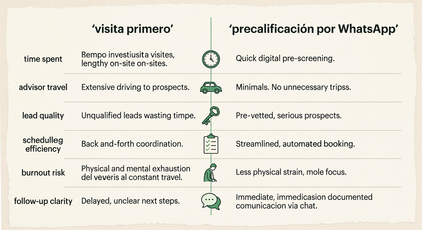 Comparativa entre salir a mostrar primero y precalificar por WhatsApp antes de agendar: tiempo, desgaste, calidad del lead y claridad de seguimiento.
