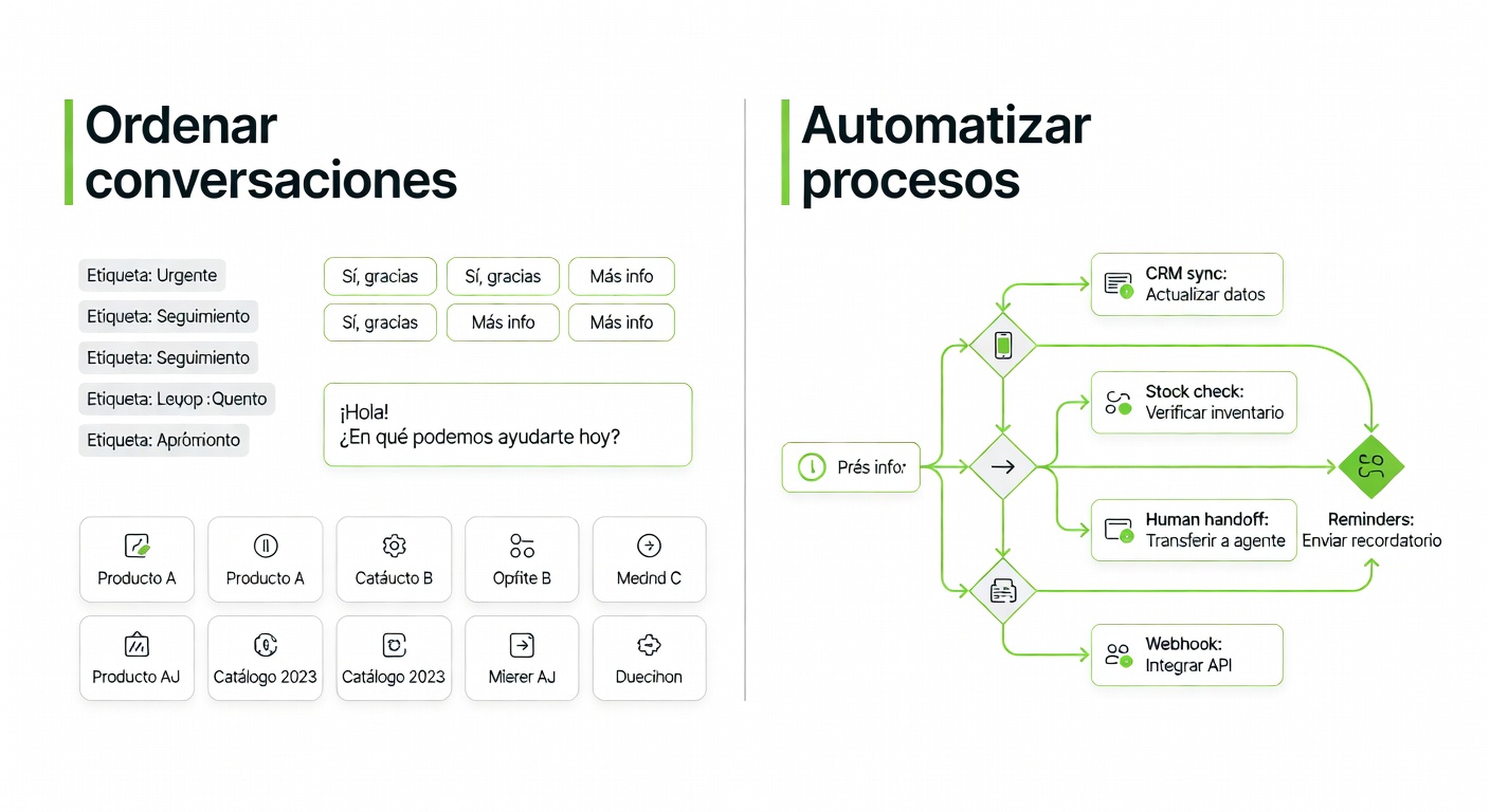 Diagrama comparando dos cosas que suelen mezclarse: ordenar conversaciones de WhatsApp versus automatizar un proceso de verdad. De un lado hay atajos y etiquetas; del otro, reglas, datos, derivación e integración.