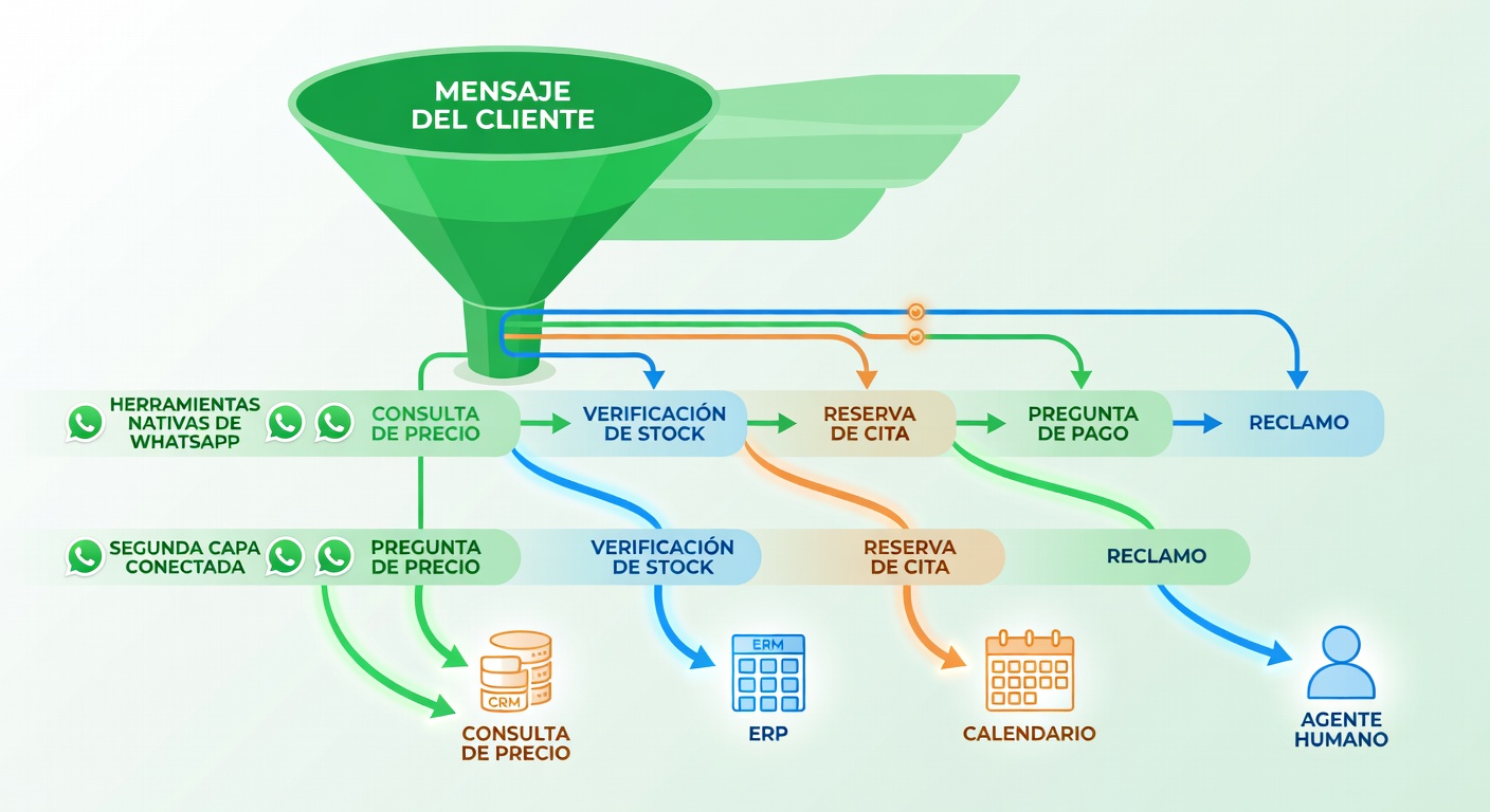 Ilustración de un mensaje que entra por WhatsApp y se divide en varios caminos posibles: precio, stock, turno, pago o reclamo. Ahí se ve clarito dónde la app nativa alcanza y dónde se queda corta.