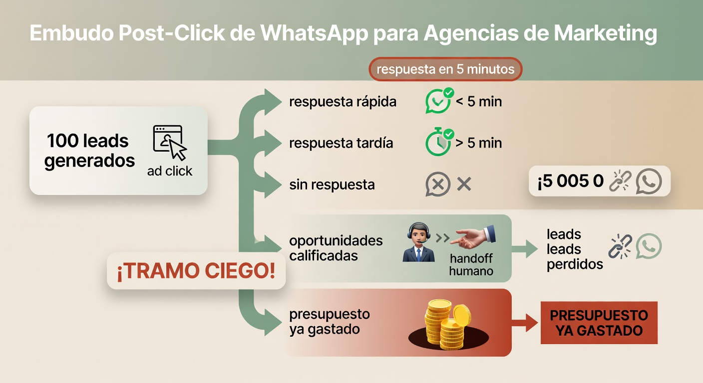 Un embudo simple que muestra dónde se rompe la cosa: la agencia genera 100 leads, pero una parte se enfría o se pierde por demoras y falta de seguimiento en WhatsApp.