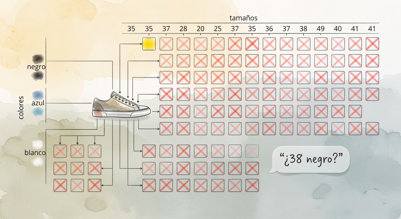 Una matriz de talles y colores muestra por qué 'hay stock del producto' no alcanza cuando lo que importa es la variante exacta.