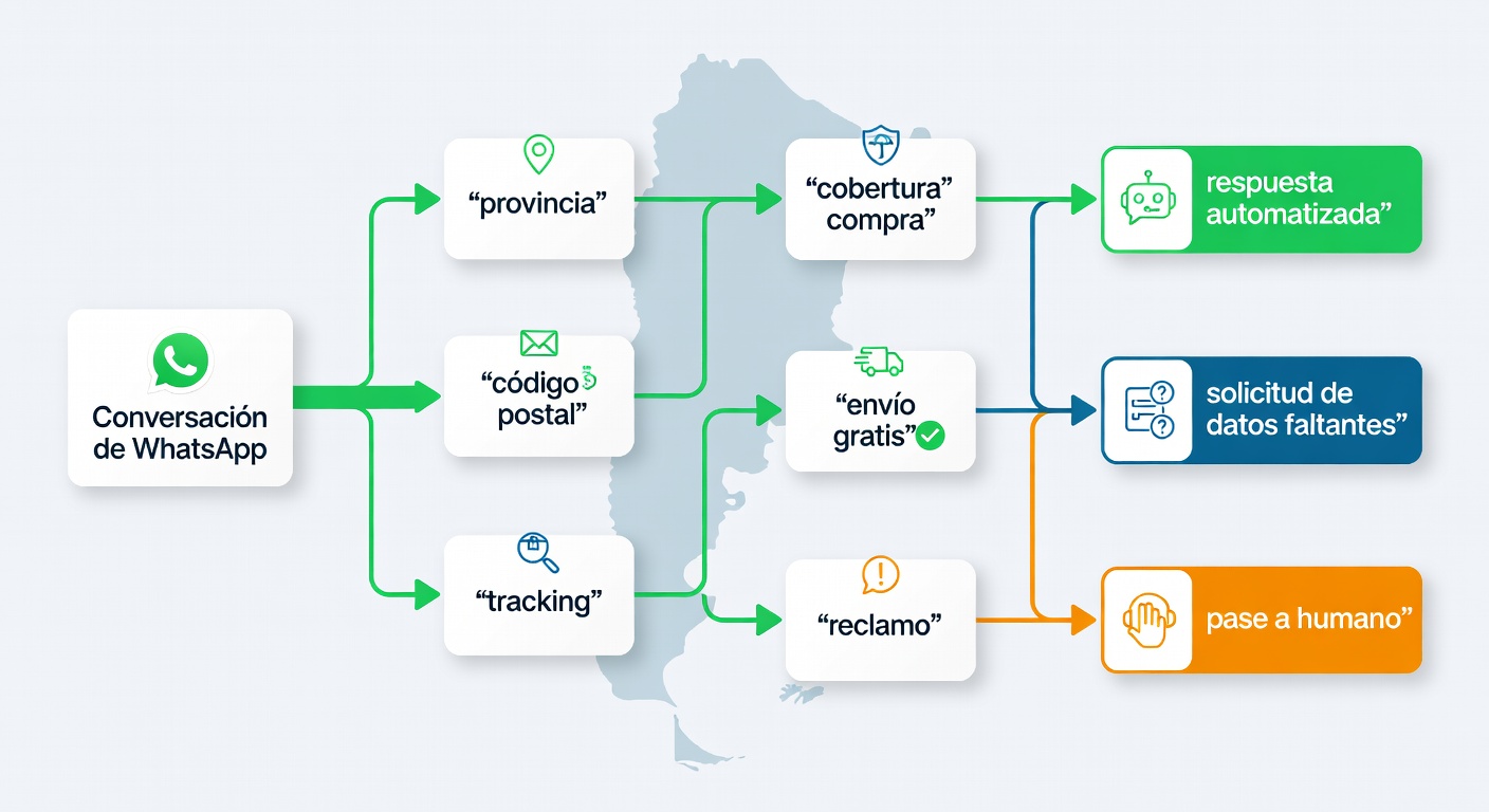 Diagrama simple del flujo real: entra una consulta por WhatsApp, se revisan un par de reglas y recién ahí se responde o se deriva. Mucho más útil que imaginar un bot mágico.