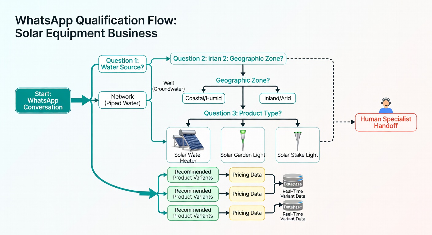 Diagrama del flujo de calificación de Nexum: primero tipo de agua, después zona, después producto, y recién ahí recomendación o derivación. Muestra por qué preguntar bien al principio ordena toda la conversación.