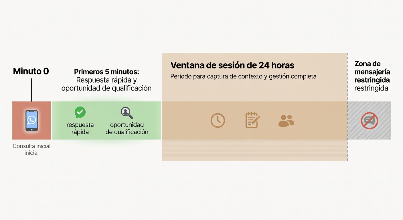 Una línea de tiempo muestra por qué los primeros minutos importan y cómo se cierra la ventana de conversación de WhatsApp. No es solo velocidad: es aprovechar ese rato para ordenar el caso antes de que se enfríe.