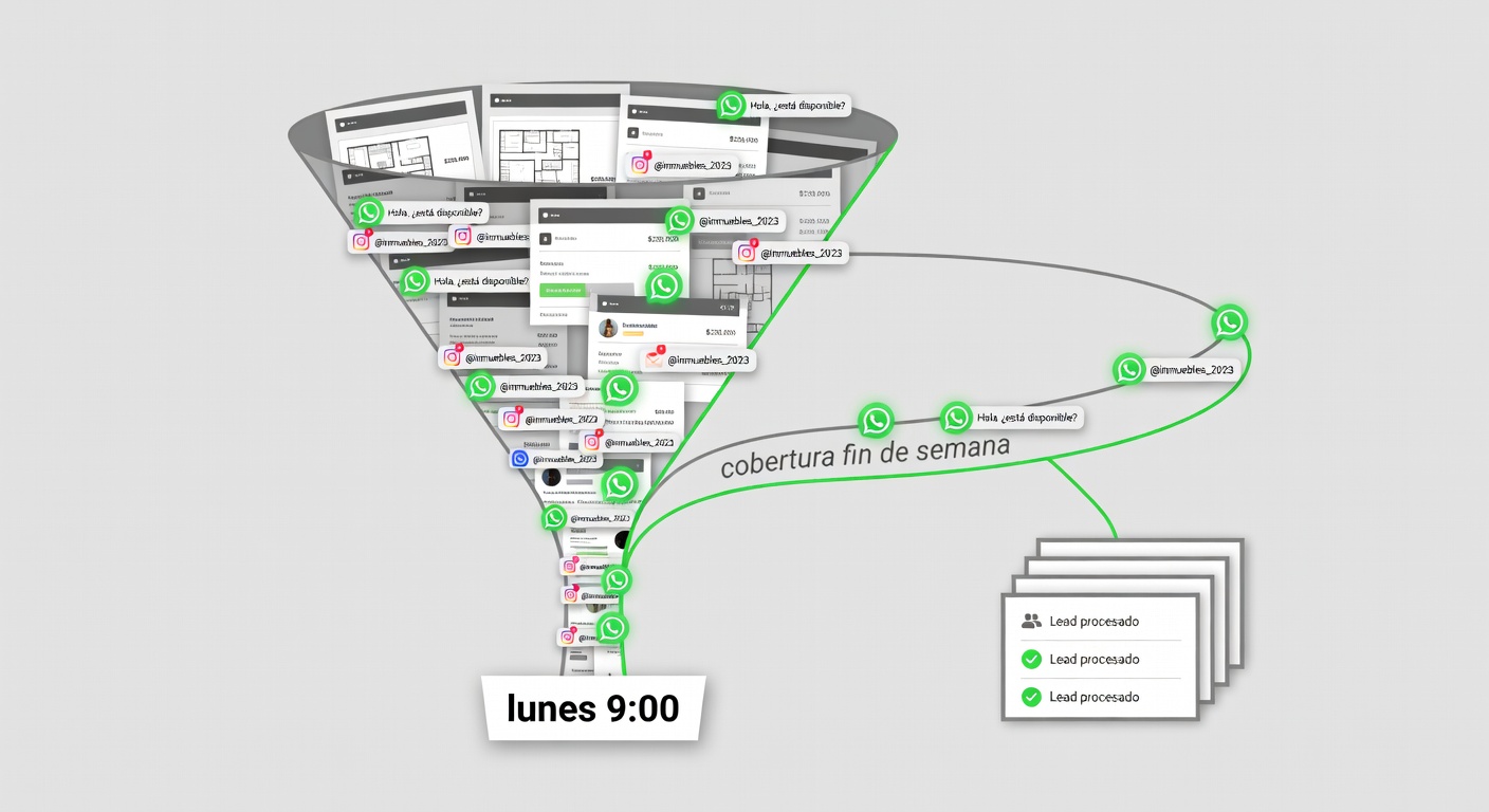 Un embudo donde portales, WhatsApp e Instagram desembocan todos en el cuello de botella del lunes a la mañana. Es la imagen de la arqueología comercial: mucho entra, poco llega vivo.