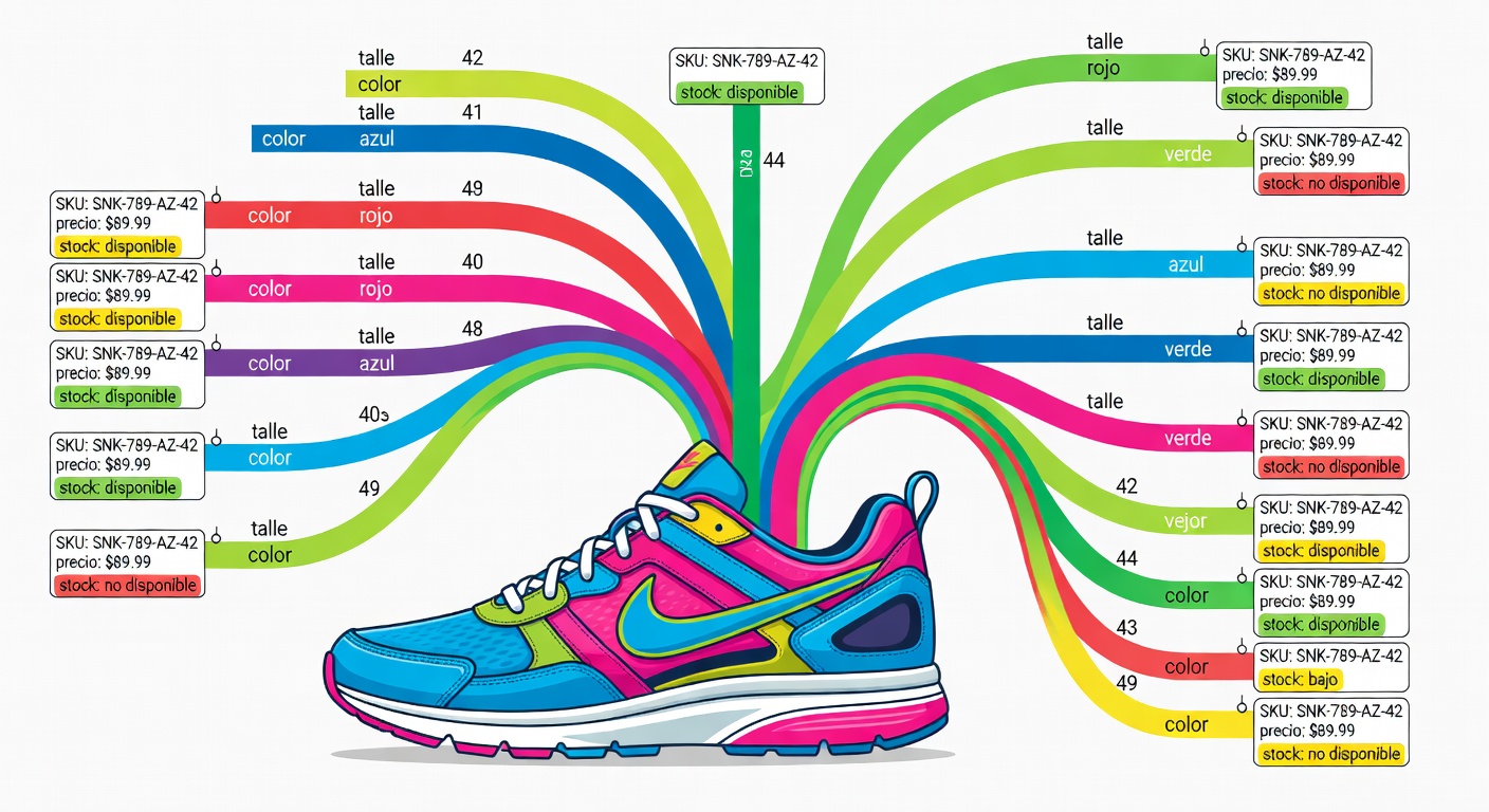 Una zapatilla que se abre en ramas de talle y color, cada una con su propio SKU, precio y stock. Es la forma más clara de mostrar que una variante no es un detalle decorativo: es otra unidad de negocio.