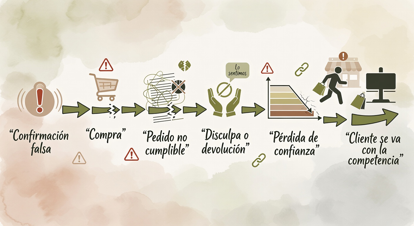 Cadena visual del problema: confirmación falsa, compra, quiebre operativo, disculpa, devolución y pérdida de confianza.