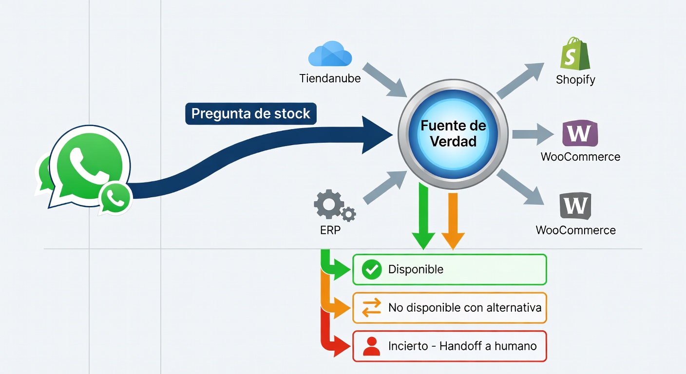 Esquema de una fuente de verdad conectada a tienda y ERP, con tres salidas posibles: hay stock, no hay pero hay alternativa, o mejor derivar a una persona. Esto ordena bastante la conversación.