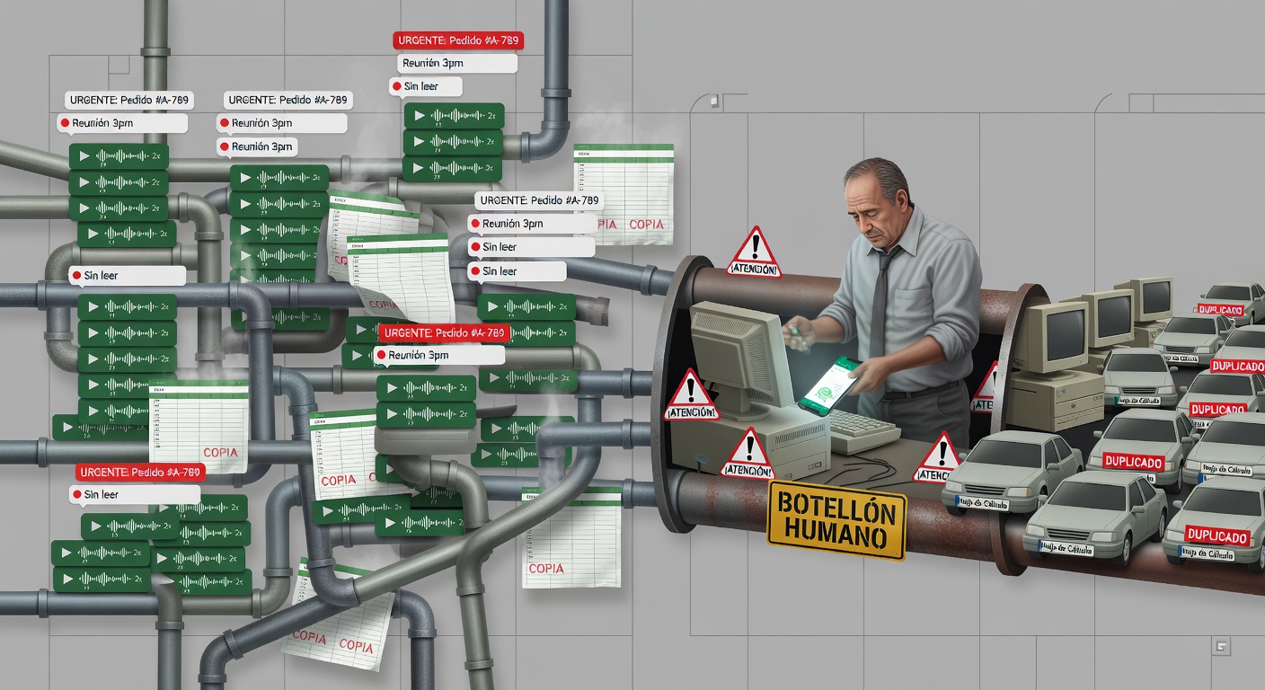 La ilustración junta audios, chats sin leer, etiquetas mezcladas y una sola persona haciendo de cuello de botella entre WhatsApp y la administración. Es bastante la foto real de muchas PyMEs, aunque duela un poco.