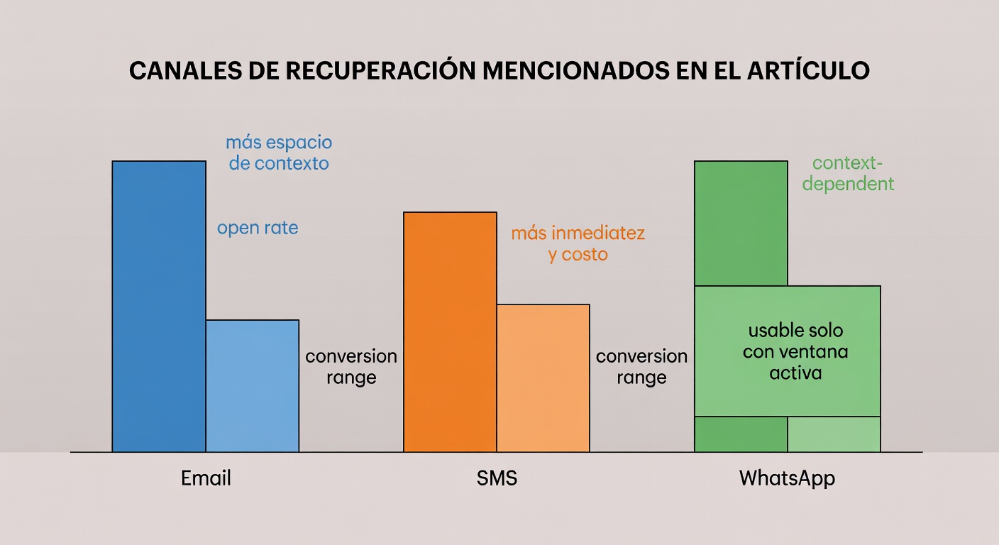 Gráfico comparando email, SMS y WhatsApp con una aclaración clave: WhatsApp no compite como canal libre de salida, depende de que la ventana siga abierta.