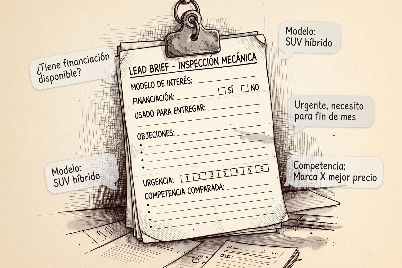 Ilustración de un brief de conversación como si fuera una hoja de inspección mecánica: modelo, financiación, usado, objeciones y urgencia condensados en una ficha usable.