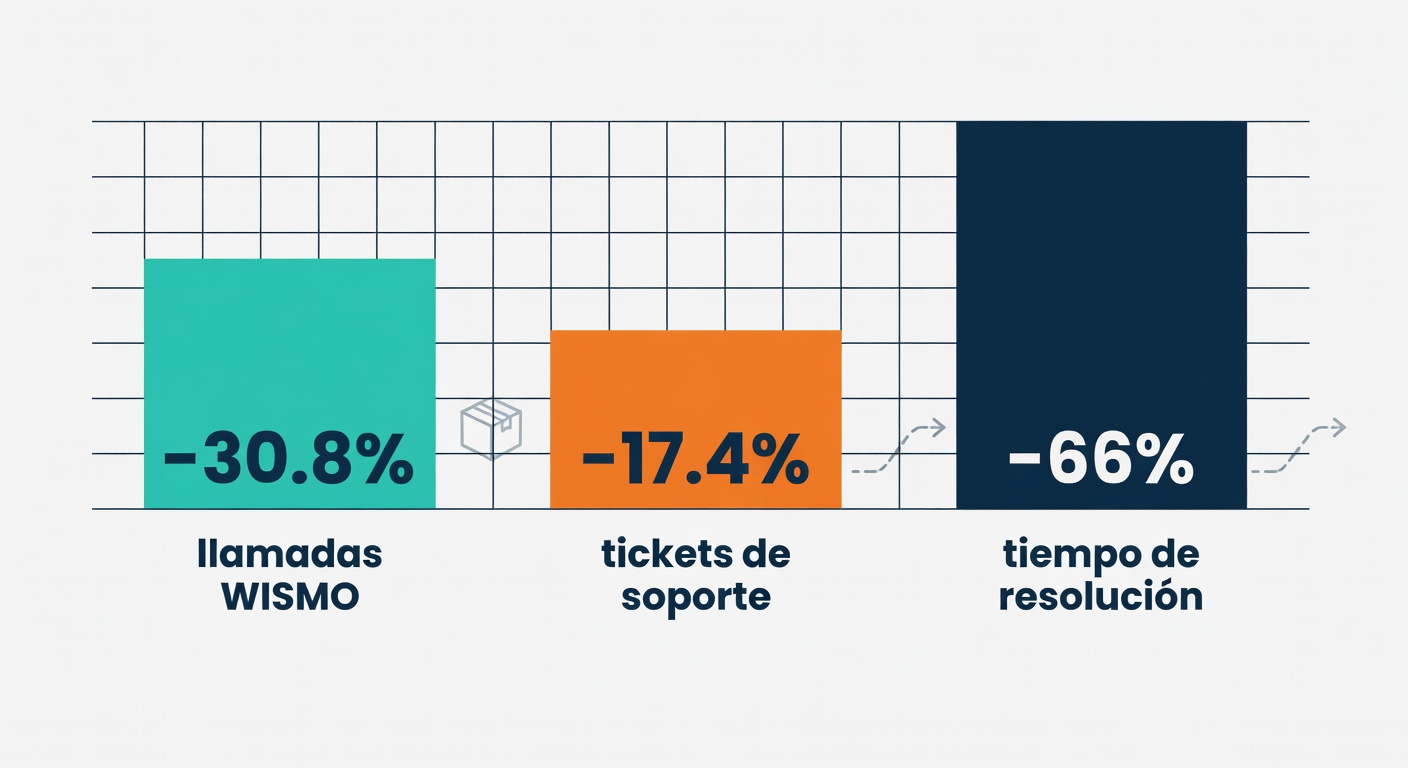 Gráfico de barras con tres caídas operativas: menos llamadas WISMO, menos tickets y mucho menos tiempo de resolución. Cuando el dato llega antes, el soporte respira.