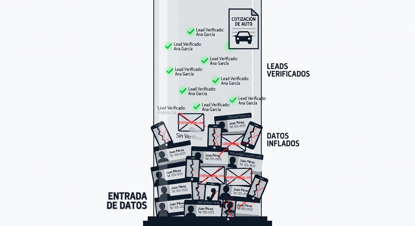 Un pipeline inflado mezcla contactos reales con datos rotos; solo algunos leads verificados avanzan limpios hacia la proforma.