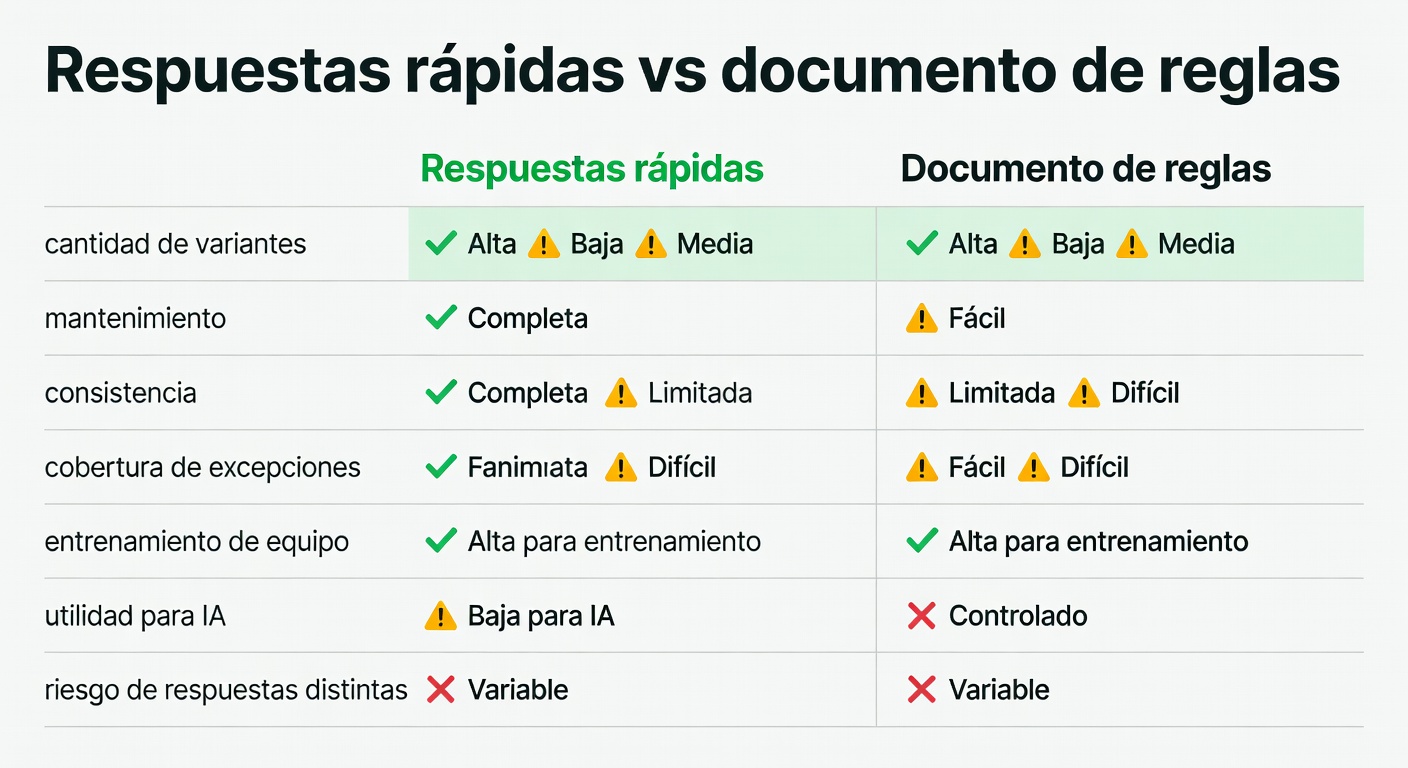 Comparativa entre respuestas rápidas y un documento de reglas. La primera sirve para salir del paso; la segunda empieza a ordenar de verdad.