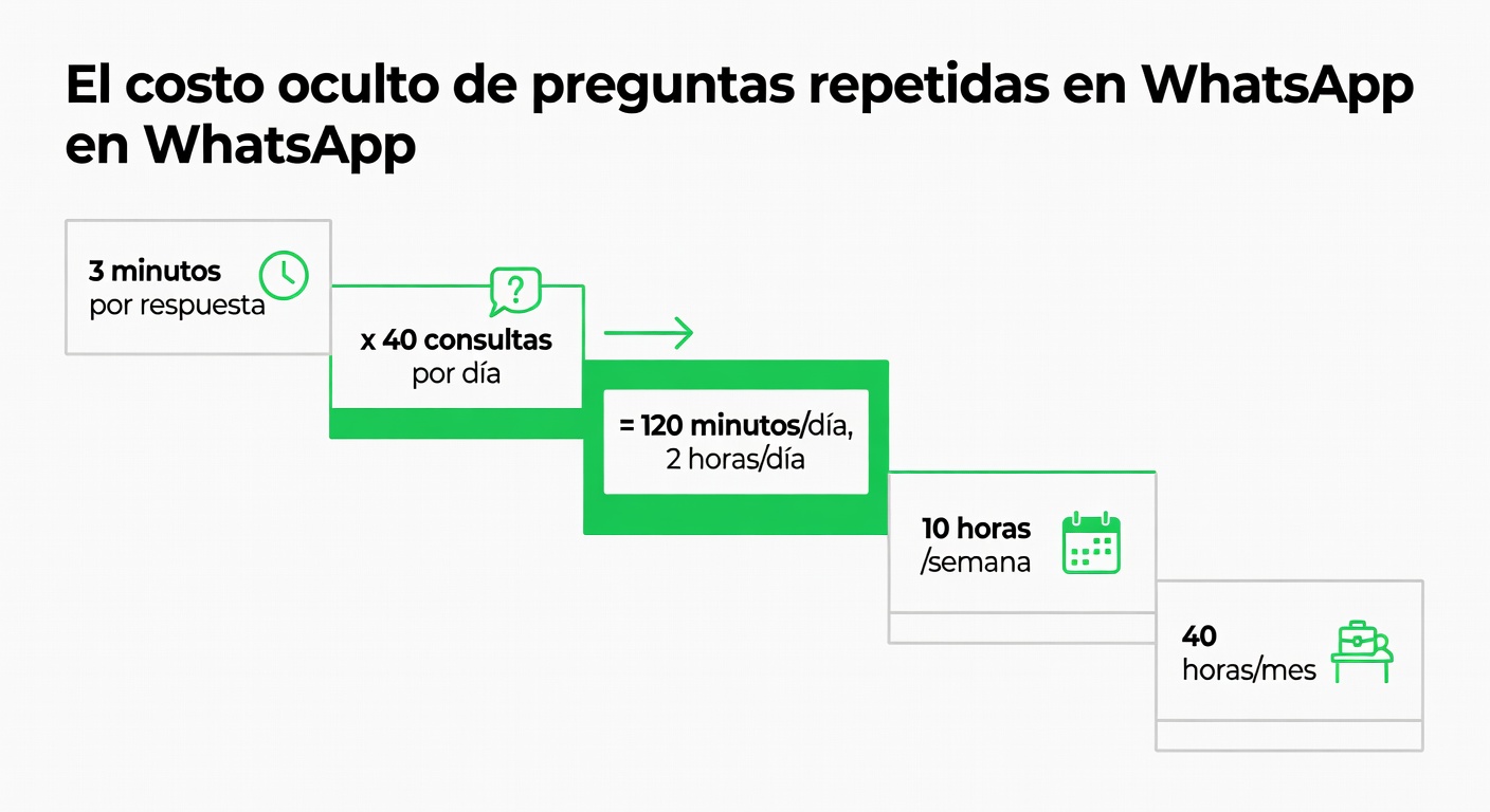 Gráfico simple que muestra cómo 40 consultas repetidas por día se convierten en 2 horas diarias y casi una semana laboral al mes.