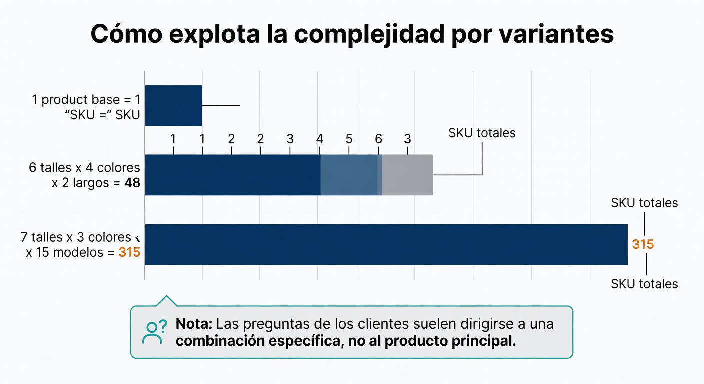 Gráfico que muestra cómo un catálogo aparentemente chico se vuelve complejo enseguida cuando sumás talles, colores y largos. Sirve para entender por qué el producto base casi nunca alcanza para responder bien.