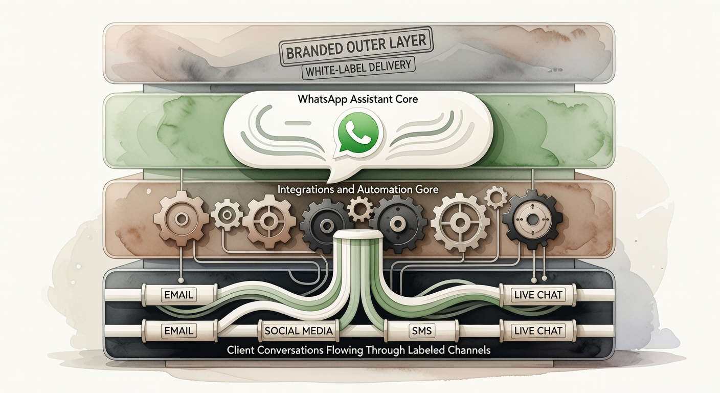 Una imagen para bajar a tierra el modelo white label: la agencia pone marca y relación comercial; la capa técnica corre por debajo sin tener que montar una software factory.
