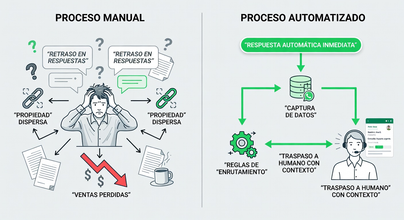 Una comparación lado a lado entre el caos manual y un flujo con primera respuesta automática, captura de datos y derivación humana con contexto. Baja a tierra qué cambia de verdad el lunes a la mañana.