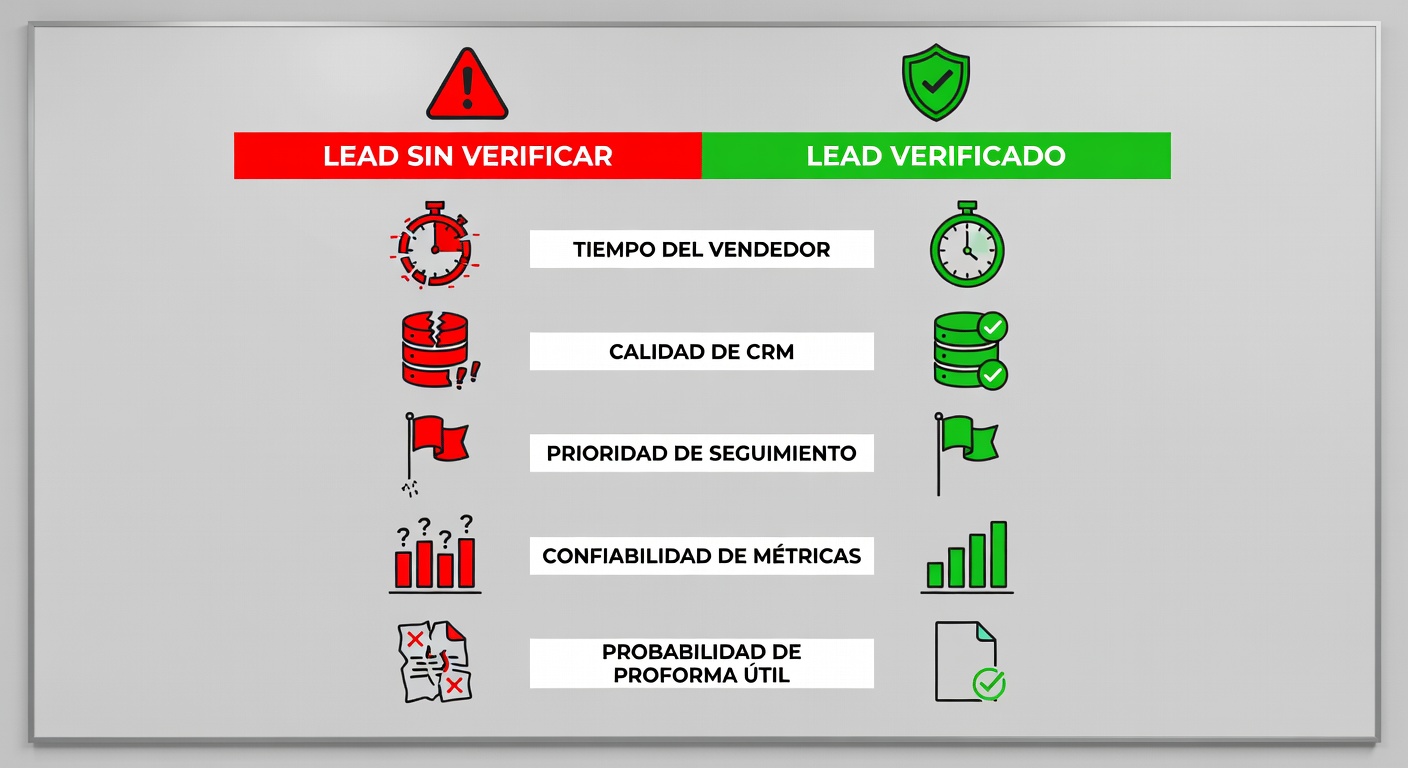Comparativa entre lead sin verificar y lead verificado en tiempo comercial, calidad de CRM, seguimiento y métricas.