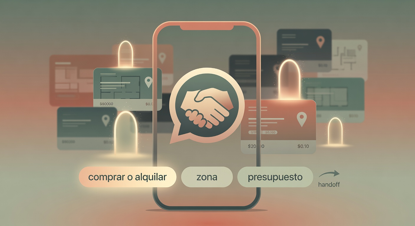 Una primera respuesta por WhatsApp que no intenta vender de más: confirma recepción, hace tres preguntas útiles y deja preparada la derivación a una persona. Esa es la diferencia entre un bot decorativo y uno que compra tiempo útil.