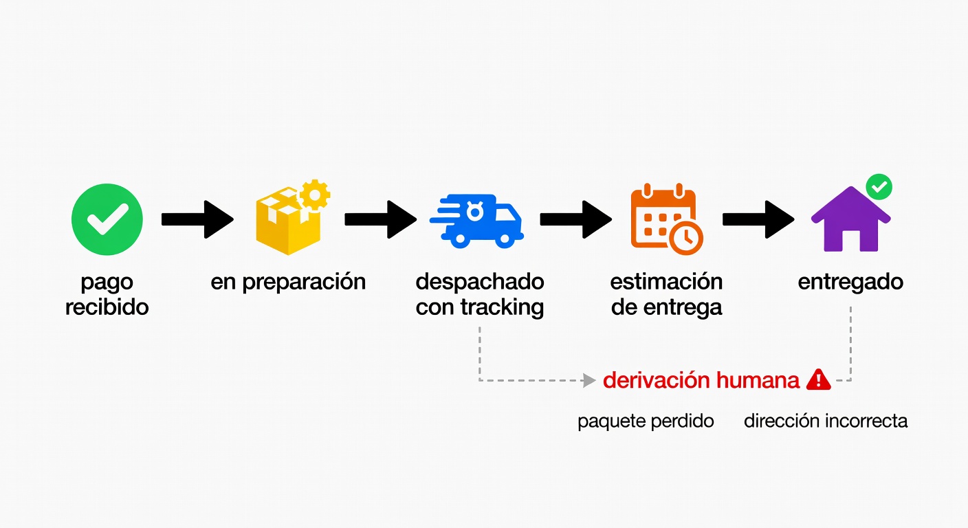 Diagrama del flujo post-compra por WhatsApp con cinco hitos y una salida humana para excepciones. Porque automatizar no es hacerse el vivo: es avisar bien y derivar cuando corresponde.