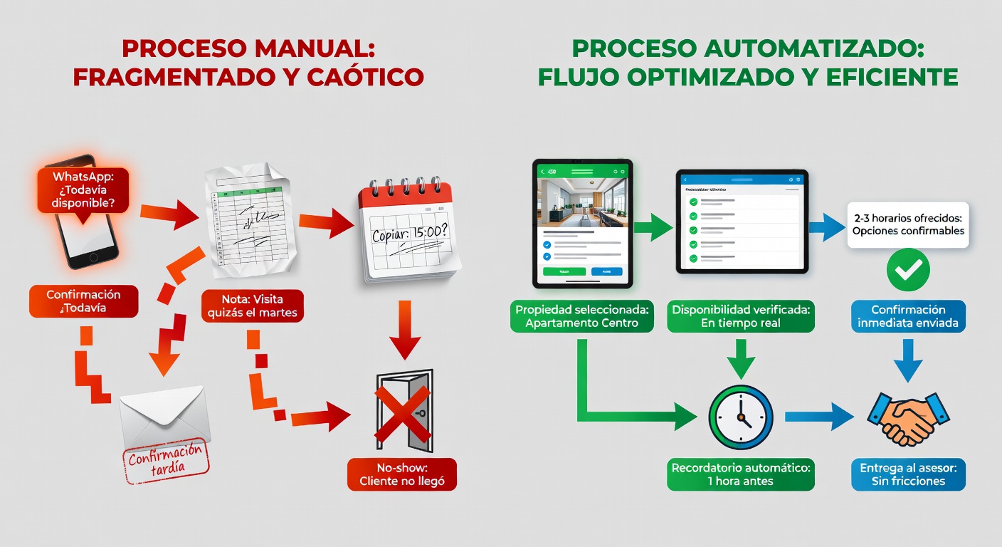 Comparación bien de frente: a la izquierda el ida y vuelta manual que drena tiempo; a la derecha un flujo ordenado con validación, propuesta y recordatorio.