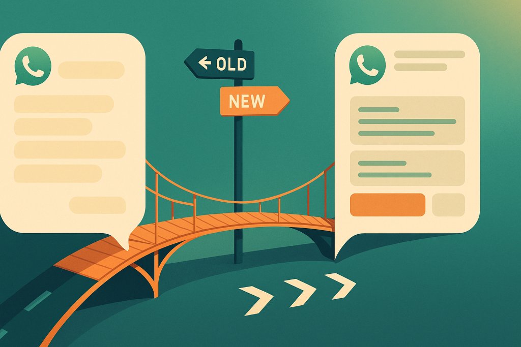 Dos números de WhatsApp unidos por un puente: uno viejo, conocido y caótico; otro nuevo, automatizado y ordenado. La imagen explica bien la convivencia temporal entre ambos.