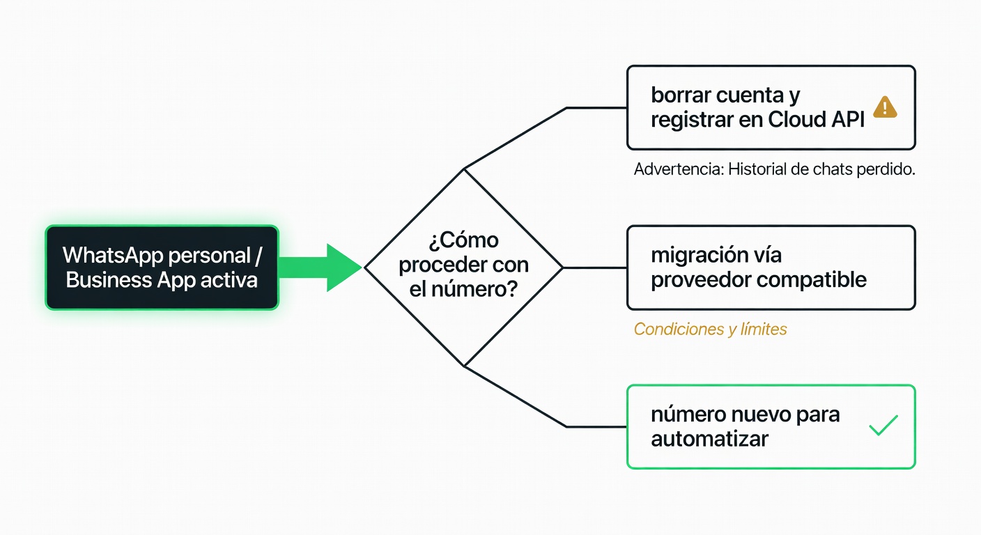 Un diagrama simple que muestra las tres salidas posibles cuando querés automatizar un número ya usado en WhatsApp: borrar, migrar con proveedor compatible o arrancar con uno nuevo.