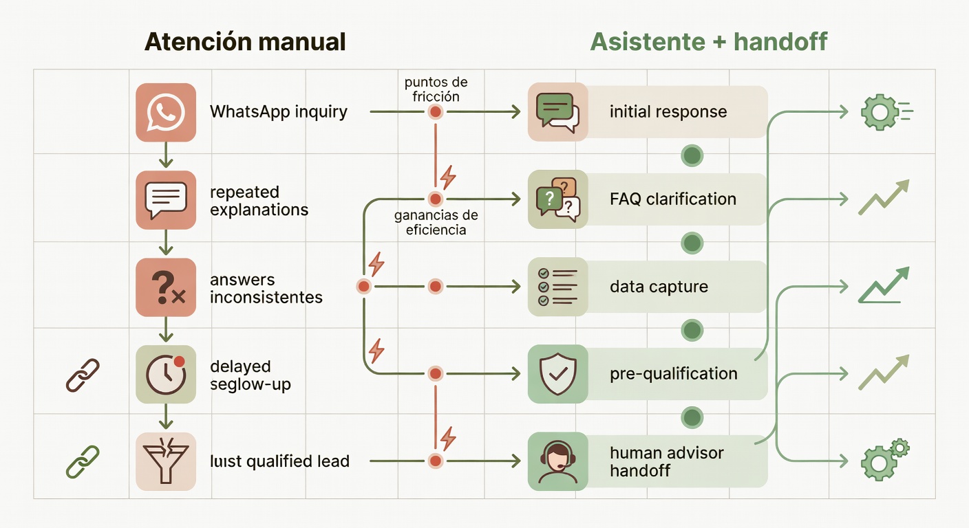 Comparación entre dos flujos: uno manual, lleno de idas y vueltas, y otro con asistente que aclara, captura datos y deriva mejor. Bajar esto a un diagrama ayuda porque el quilombo suele estar en la secuencia, no en una respuesta puntual.