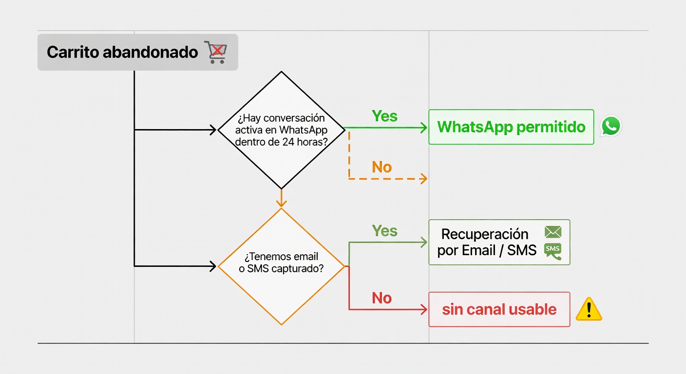 Diagrama de decisión que baja el problema a tierra: si hay ventana activa, WhatsApp; si no la hay, email o SMS; y si no capturaste datos antes, no hay milagro que te salve.