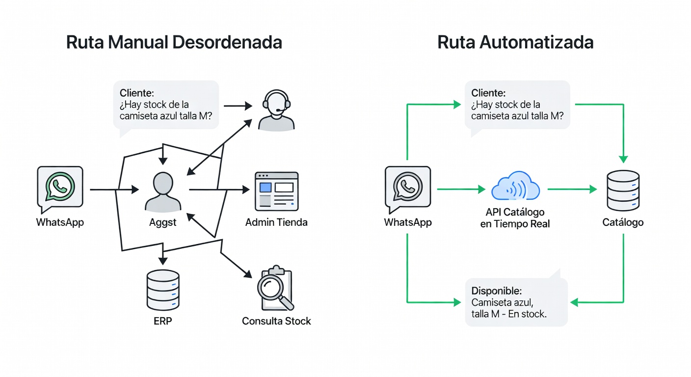 Comparación entre dos flujos: a la izquierda, el equipo saltando entre WhatsApp, tienda y ERP; a la derecha, un asistente conectado al catálogo real que consulta la variante exacta. Acá se ve rápido dónde se va el tiempo.
