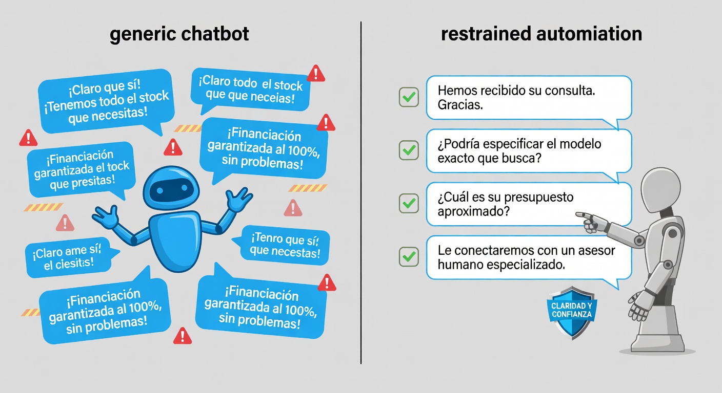 Comparación entre dos caminos: el bot chamuyero que inventa y el flujo sobrio que no promete de más. Yo sé cuál prefiero el lunes a las 9.