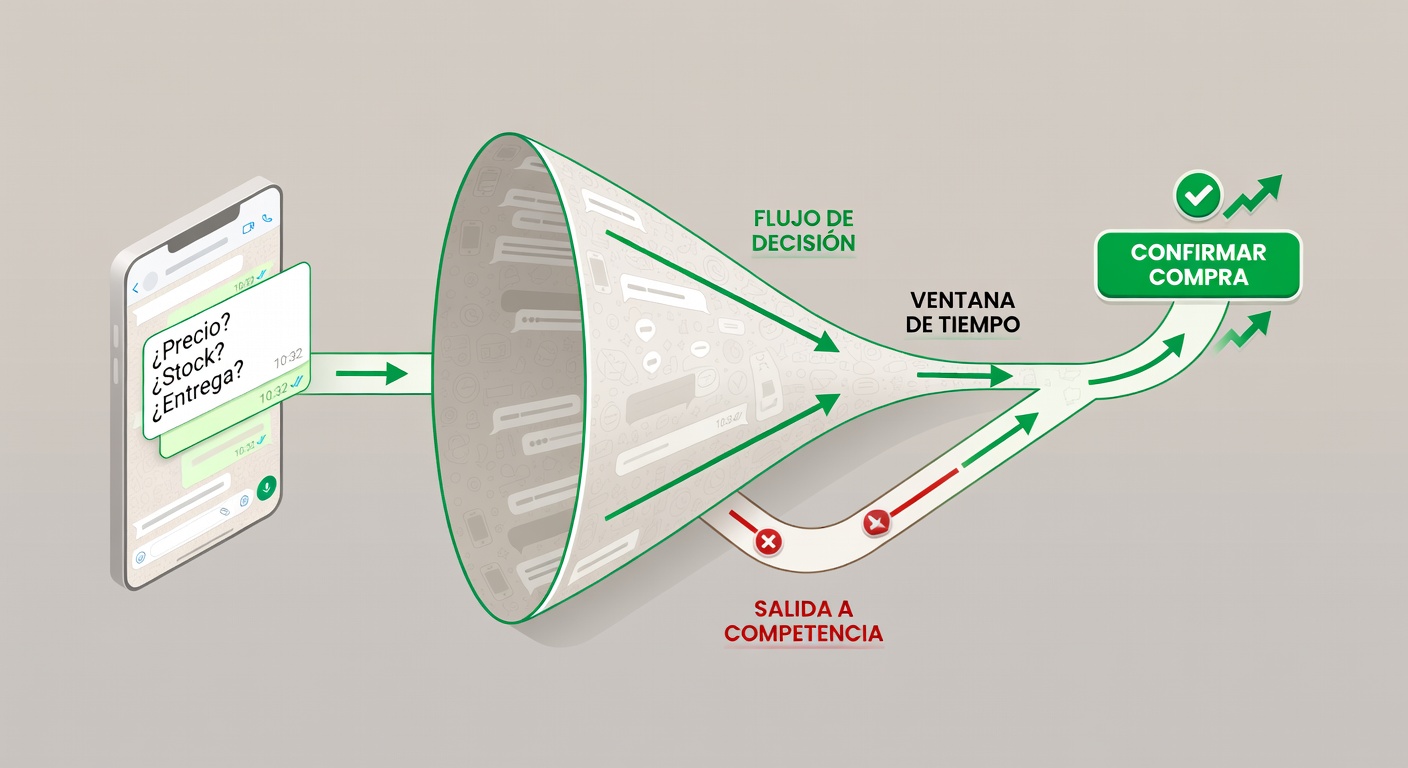 Un diagrama claro muestra cómo una consulta por precio o stock entra por WhatsApp y pasa por una ventana de tiempo cada vez más angosta hasta terminar en compra o abandono. Sirve para ver rápido dónde se muere la jugada.