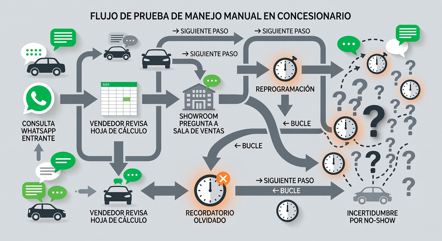 Un diagrama del recorrido manual, bien claro y medio doloroso: entra el mensaje, alguien revisa una planilla, pregunta por la unidad, reacomoda horario y cruza los dedos.