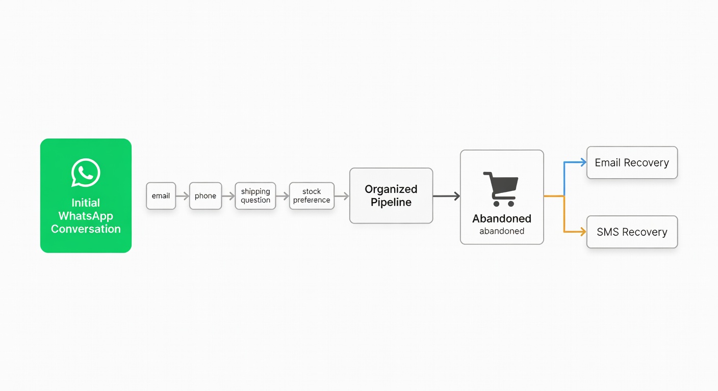 Ilustración del momento que de verdad importa: mientras el cliente conversa, se capturan datos y contexto; después, cuando abandona, el sistema ya sabe por dónde seguir.