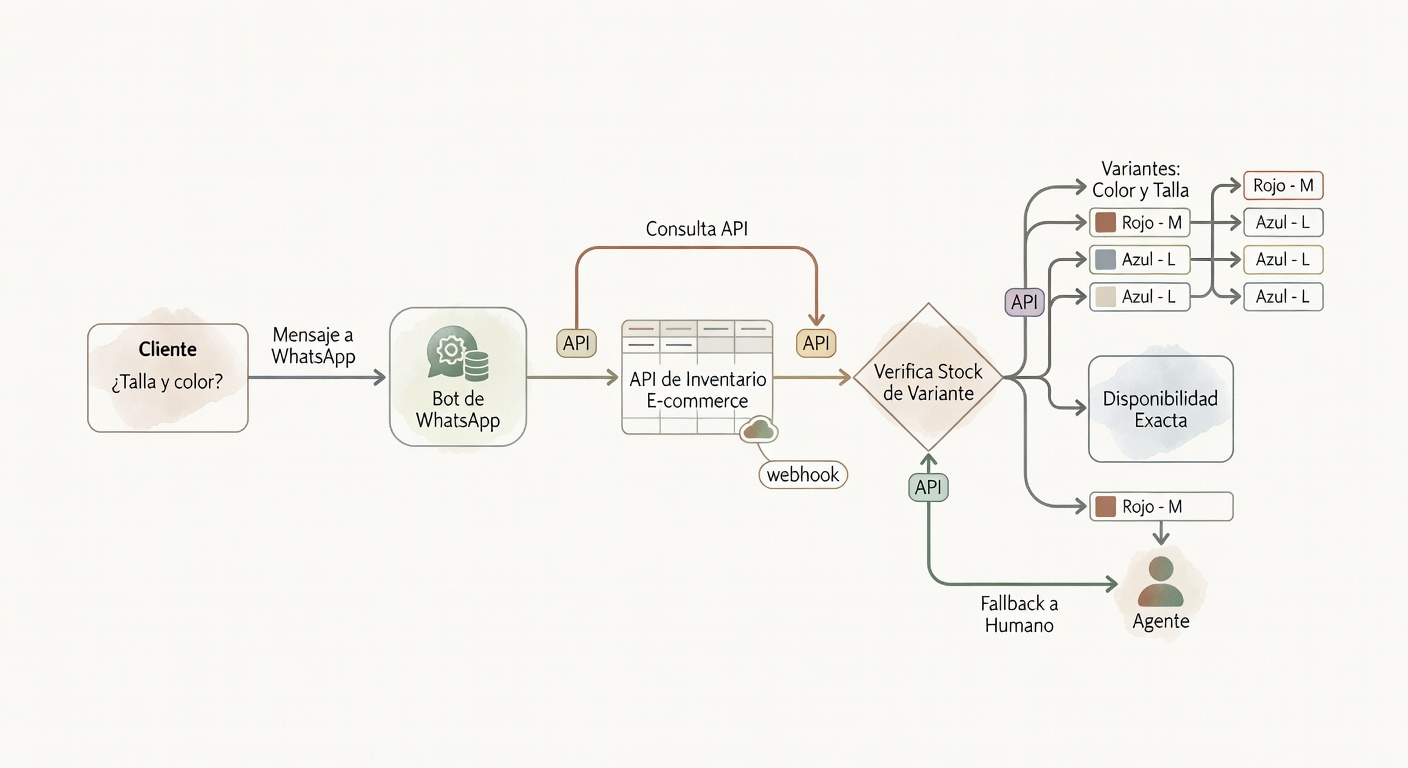Diagrama del flujo ideal: consulta por WhatsApp, chequeo de variante en la API de la tienda, respuesta exacta y derivación humana si falta contexto.