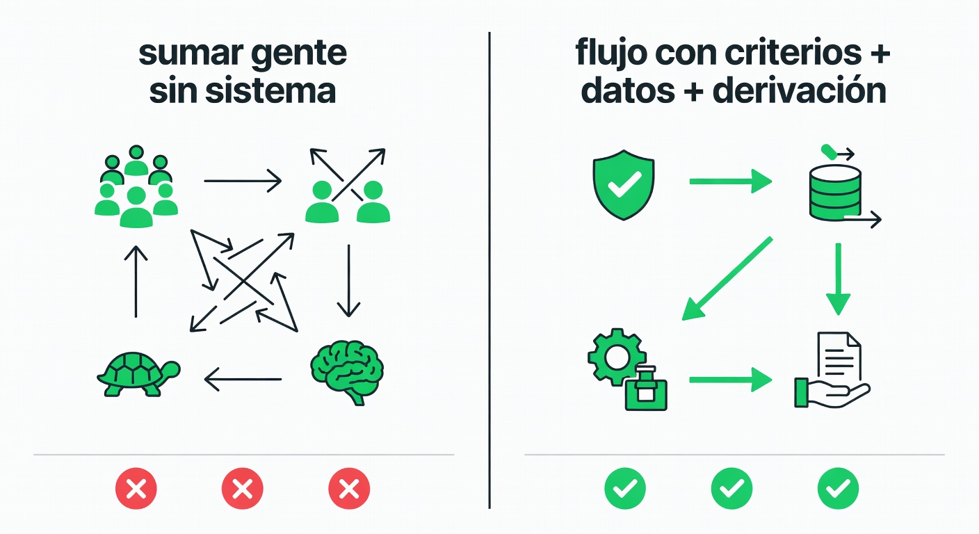 Comparación simple entre dos caminos: repartir chats entre más personas o armar un flujo con criterio, datos y handoff. La diferencia no es estética; cambia consistencia, velocidad y control operativo.