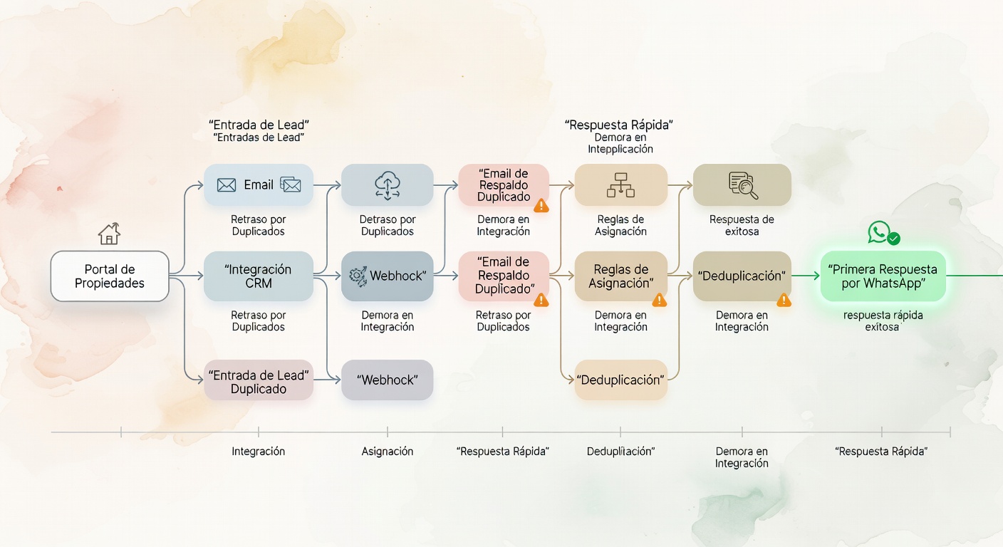 Diagrama del recorrido real de un lead desde el portal hasta WhatsApp, con los puntos donde se suele trabar: mail, CRM, duplicados, asignación y validación. Sirve para ver que la demora no aparece por magia; aparece en las cañerías.