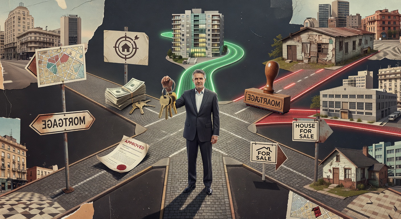 Ilustración de las variables que definen si una visita inmobiliaria tiene sentido: zona, presupuesto, crédito, preaprobación, propiedad a vender y objetivo de compra.