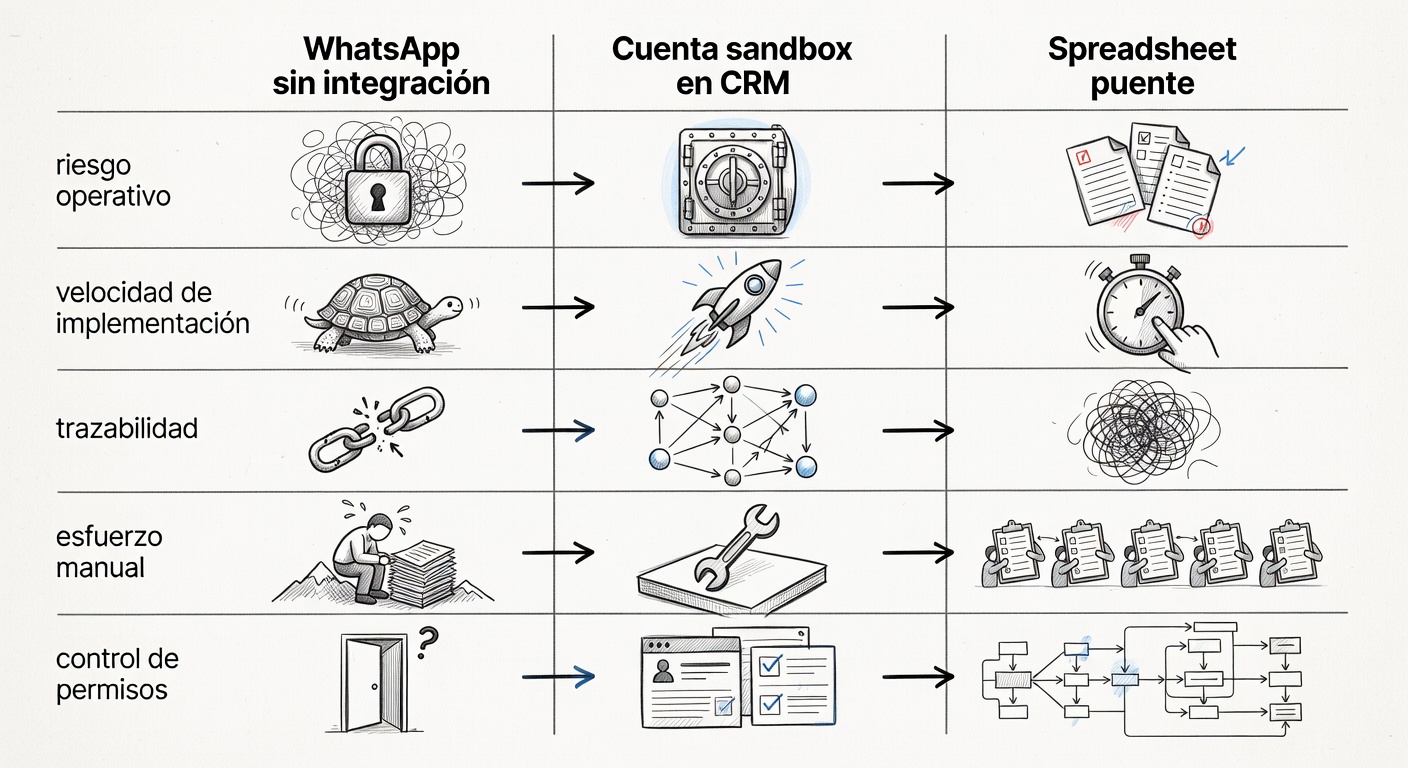 Cuadro comparativo en estilo boceto entre tres caminos posibles: dejar WhatsApp suelto, usar una cuenta sandbox en el CRM o pasar primero por una planilla puente.