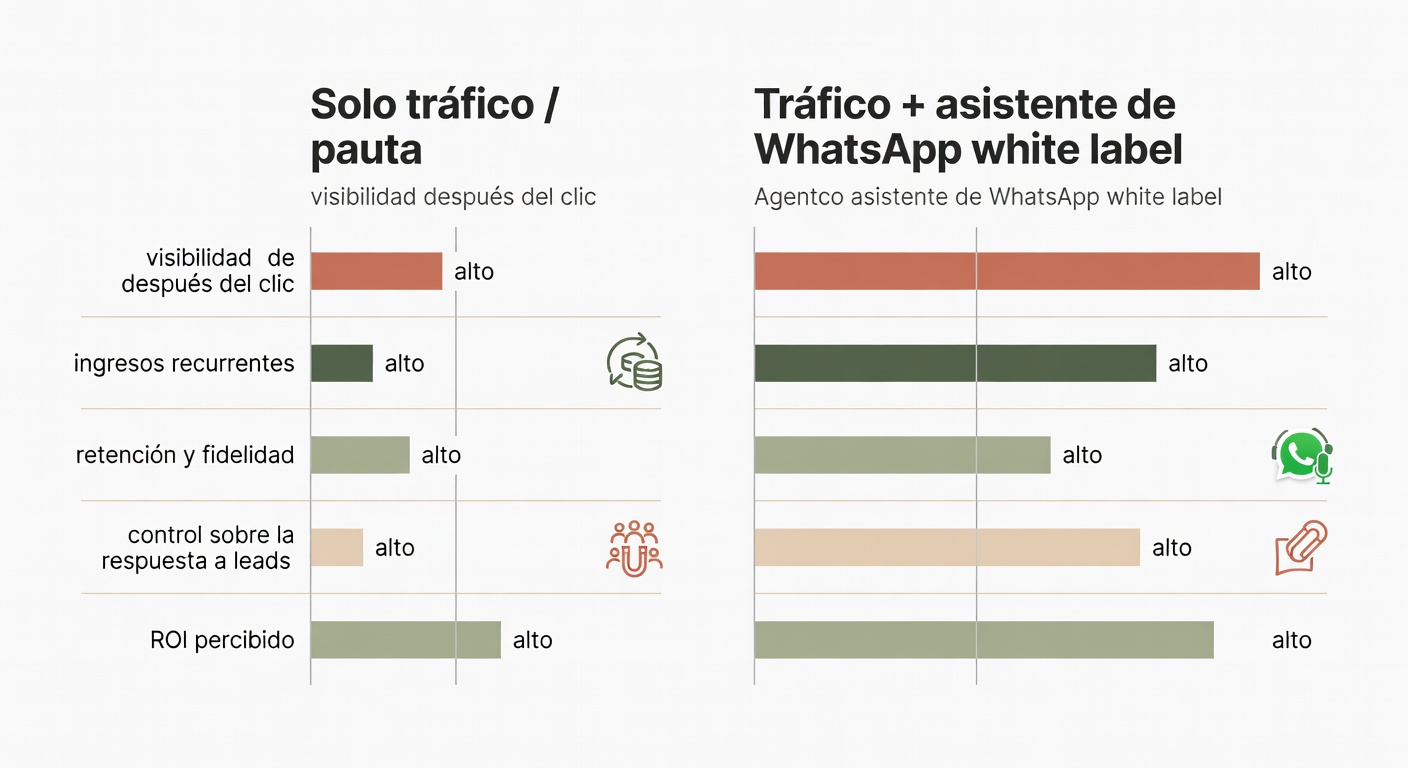 Una comparación directa entre vender solo generación de leads y sumar un asistente white label: cambia la recurrencia, la retención y, sobre todo, el control sobre lo que pasa después.