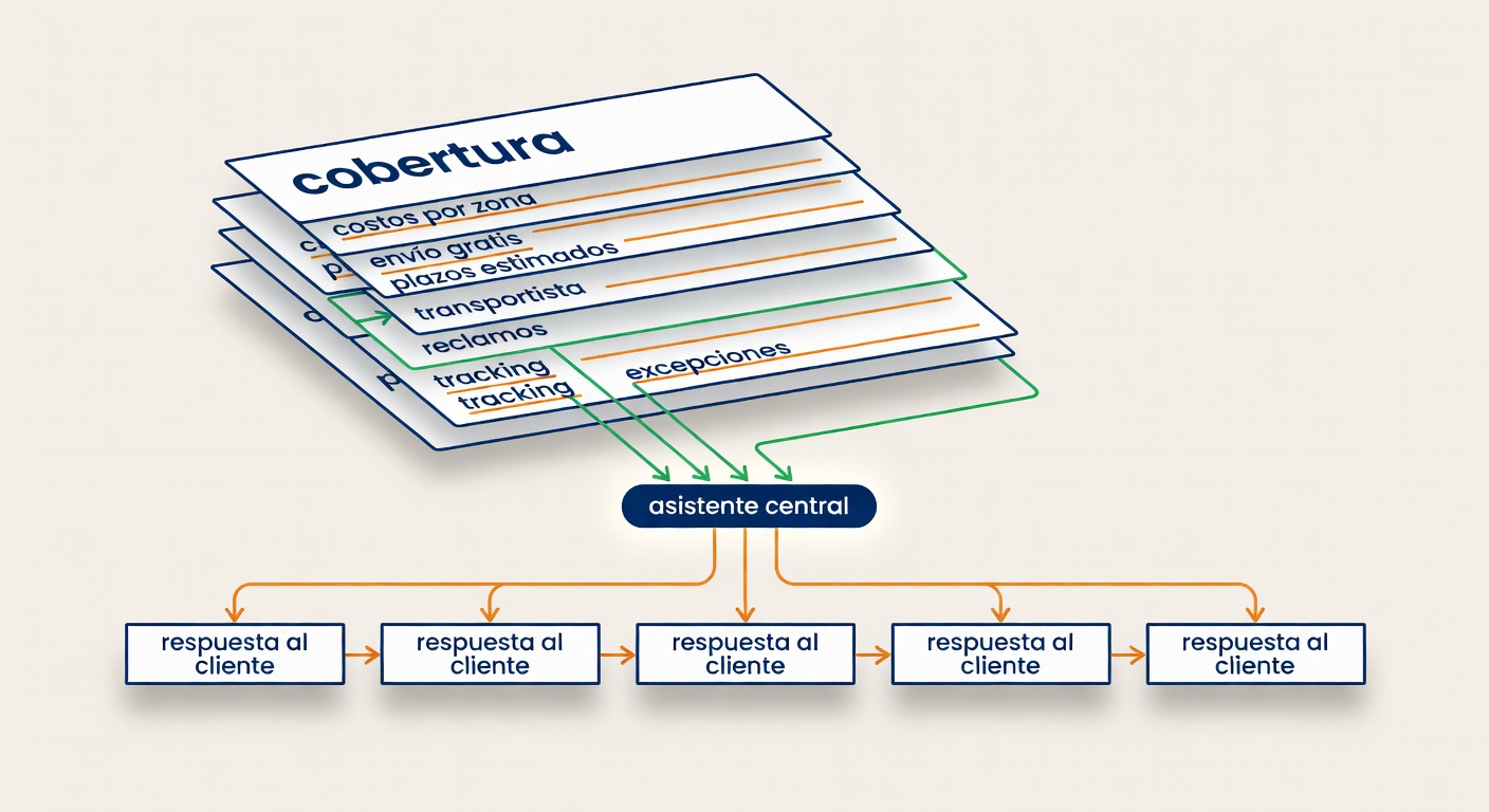 Una fuente operativa bien armada: reglas de cobertura, costos, plazos y excepciones alimentando respuestas consistentes. Acá empieza la automatización que no inventa.