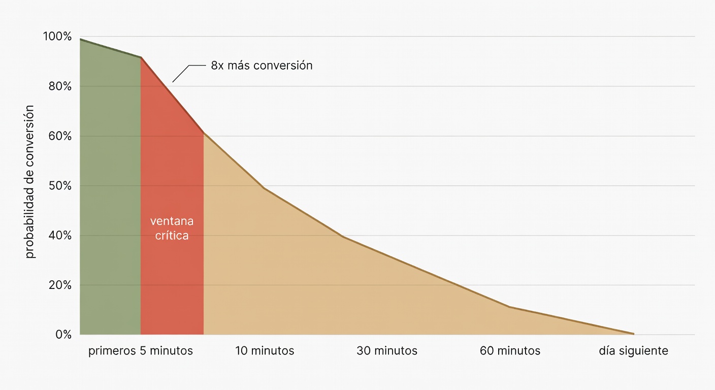 Gráfico de caída fuerte en probabilidad de conversión a medida que pasan los minutos desde que entra el lead. La zona crítica de los primeros cinco minutos queda marcada bien clara.